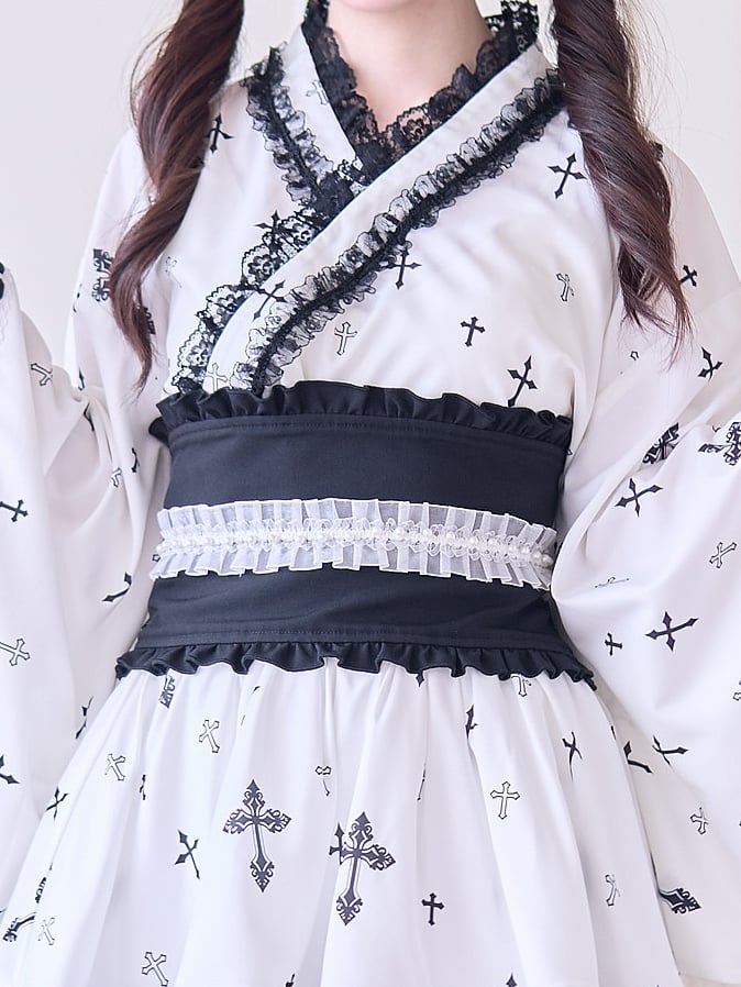 Belt and Back Big Black Hem Black/White with Corset Bow Ruffle