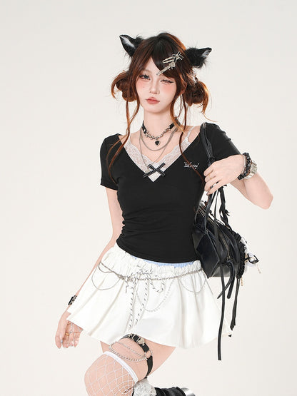 Slim-fitting Black/Red Design Lace Faux T-shirt Two-pieces Camisole