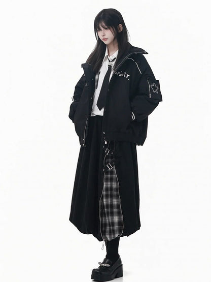 Padded Black Jacket Detail with Banded and Collar Buckle Embroidered