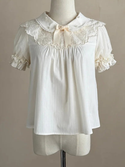 Sweet Lolita Blouse with Embroidered Collar and Puff Sleeves - Treasure House