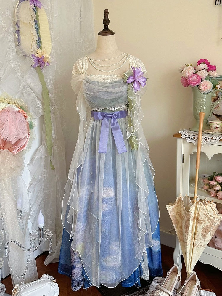 Artistic Print Empire Waist Lolita Gown with Cowl Neckline - Magic Skirt Cat