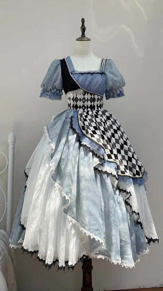 Alice in Wonderland Blue Checkerboard Lolita Dress - Long Asymmetrical