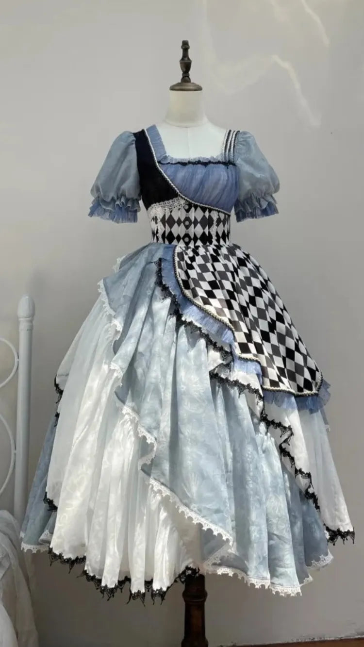 Blue Asymmetrical Design Checkerboard Lolita Dress Alice in Wonderland Vibes Long Version