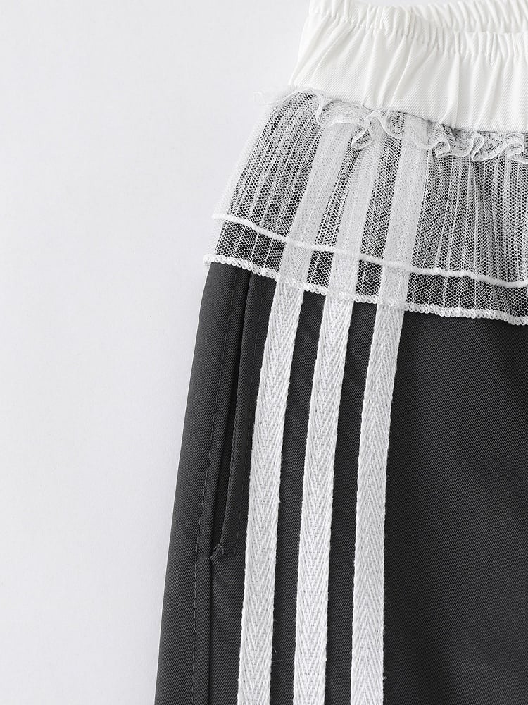 Black Striped Wide Leg Trousers with Layered Tulle Skirt - Languid Park