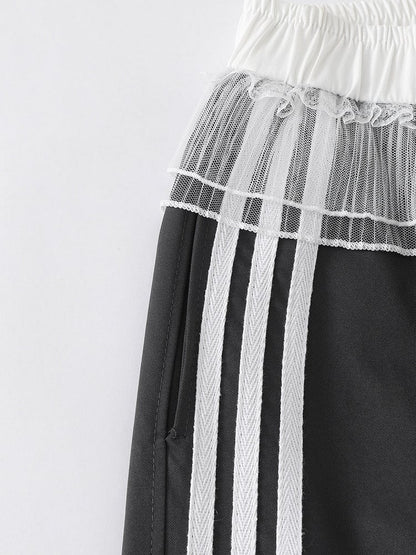Black Striped Wide Leg Trousers with Layered Tulle Skirt - Languid Park