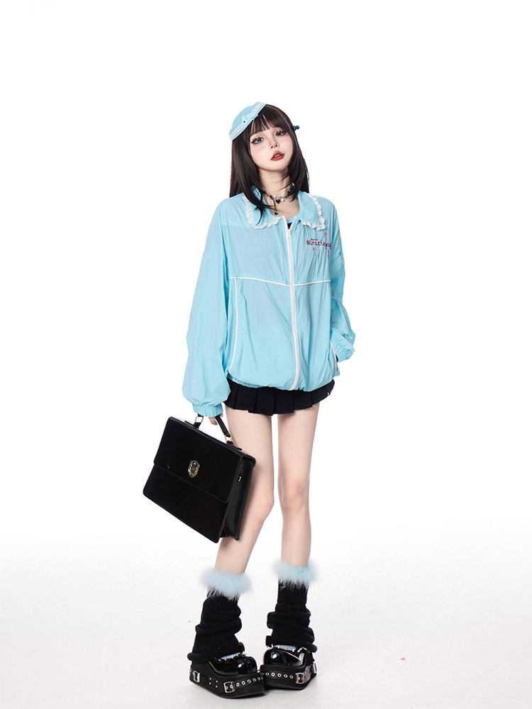 裾のシャツカラー、伸縮性のある袖口、ジップアップジャケット ブルー