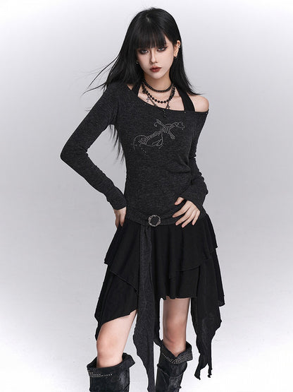 Skirt Gothic Faux Two-Piece Gray Hem Top Off-Shoulder Handkerchief Halter Dress: Studded Tiered Dark
