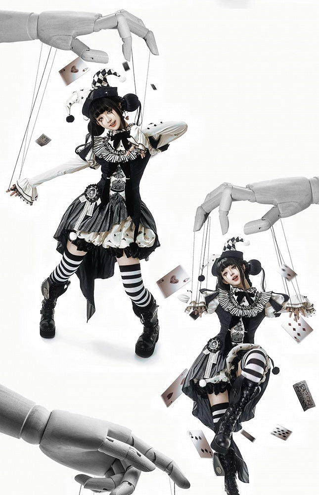 Sweet Accessories Top Skirt Clown Vibes White Sleeves Hi-lo and + Set- Black Puff Circus Full Lolita
