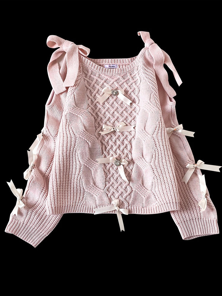 Blue Bow Accents Cutout Shoulder Landmine Style Sweater