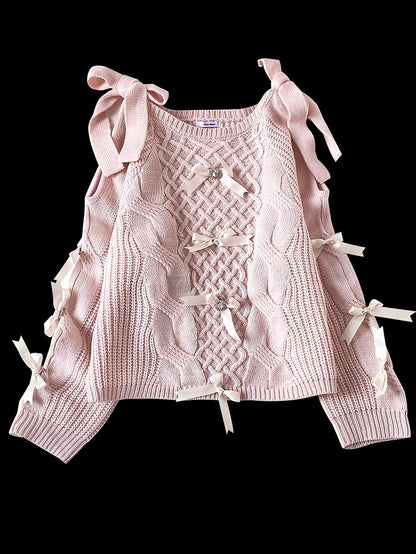 Blue Bow Accents Cutout Shoulder Landmine Style Sweater