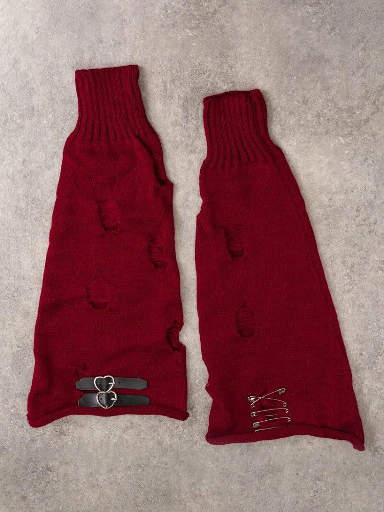 Dark Red Punk Ribbed Leg Warmers with Metal Buckle - Strange Sugar
