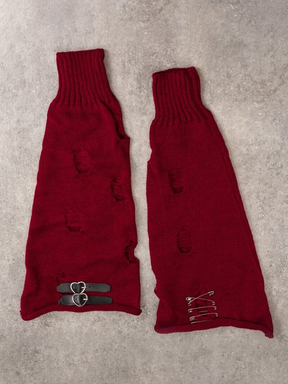 Dark Red Punk Ribbed Leg Warmers with Metal Buckle - Strange Sugar