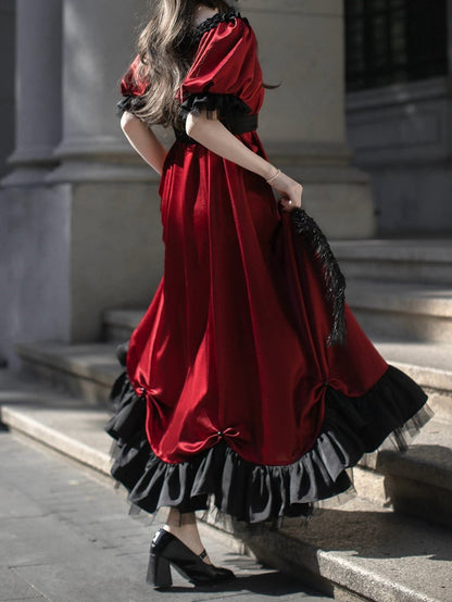 レッドエンパイアウエストマキシドレス ビーズディテール エレガントロリータ