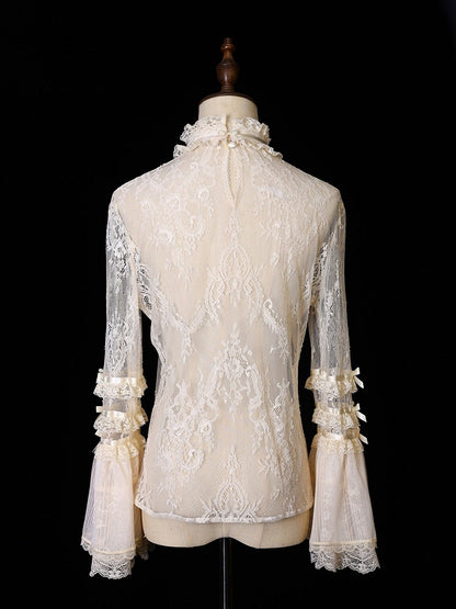 Beige Lace Bell Sleeve Blouse with Stand Collar Accent - Twin Bear Original Design