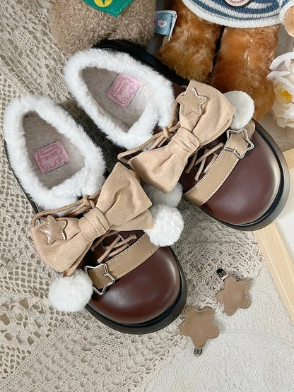 PU Schuhe Braun Abnehmbare Winter Star Lolita Akzent Süße Schleife Plattform Details Leder