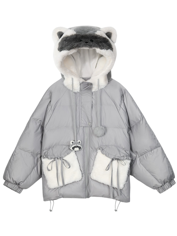 Cute Raccoon Plush Hood Grey Hooded Down Jacket
