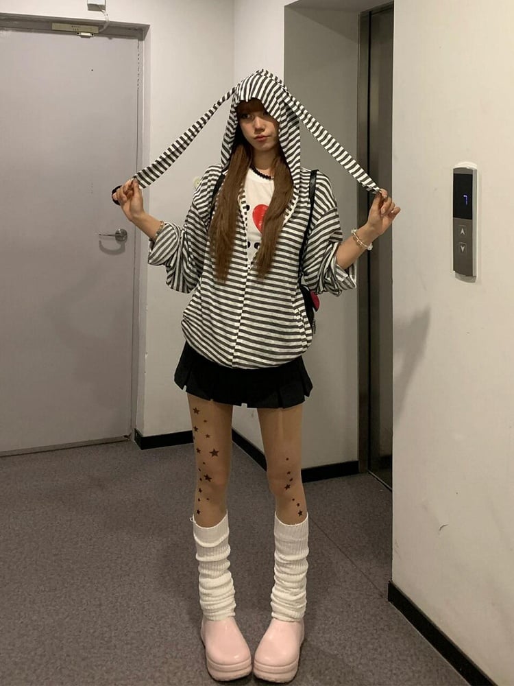 Hoodie Ear White Sleeves Bunny Black Striped Detachable with