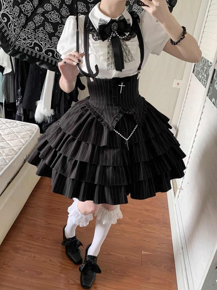 Cross Short White + Sleeves Striped Gothic-Style with Blouse High Skirt Lolita Waist Accents Black