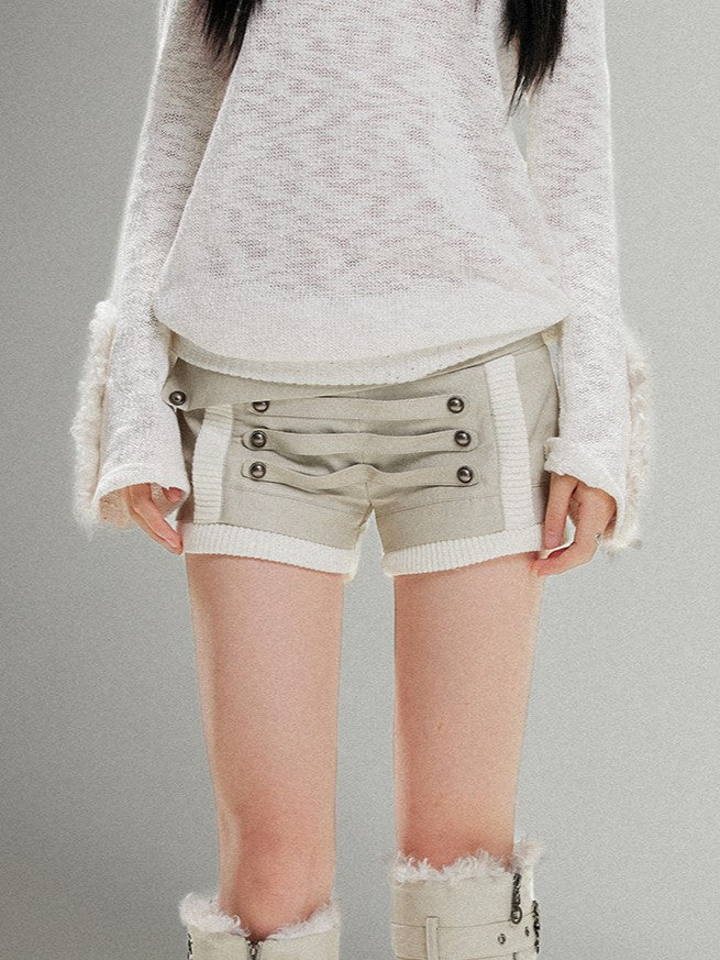 with White Textured Punk Studs Waist Metal PU Shorts Vinatge Gray Low-Rise Elastic