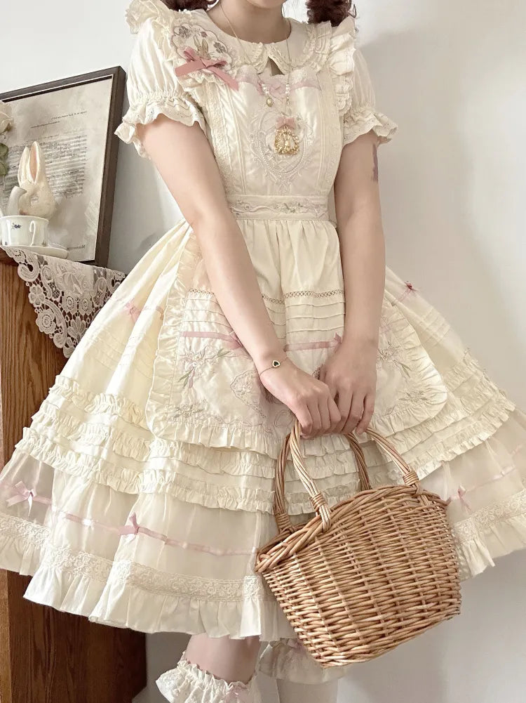 Lolita Pink Beige Peter Kleid Baumwolle Schleife und Kragen Akzente Pan