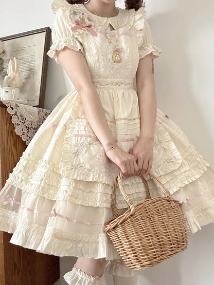 Lolita Pink Beige Peter Kleid Baumwolle Schleife und Kragen Akzente Pan