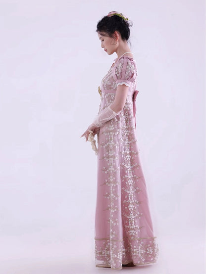 ピンクのエンパイアウエストリージェンシーエレガントロリータマキシドレス足首丈バージョン