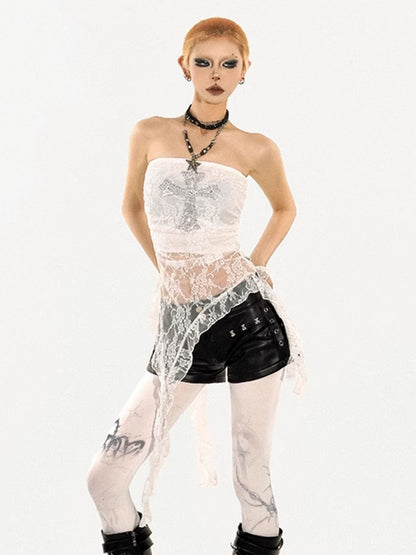 Sheer Tube White Lace Punk Y2K Top with Rhinestone Cross