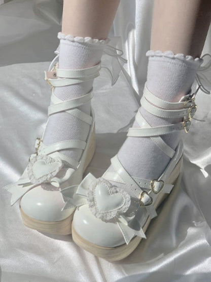 Detachable White Bow 6.5cm Heart Janes Wood Design Mary Sole with Platform Crisscross Grain -