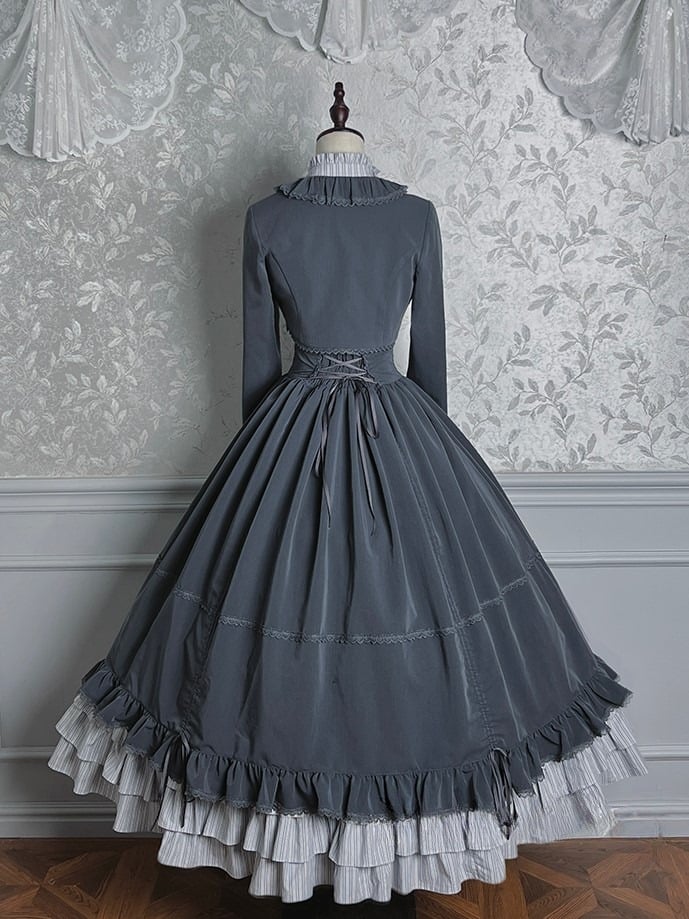 Lolita Blouse Badge Bolero Striped Classic + Gray Skirt Set Boned Hat Elegant Top Full