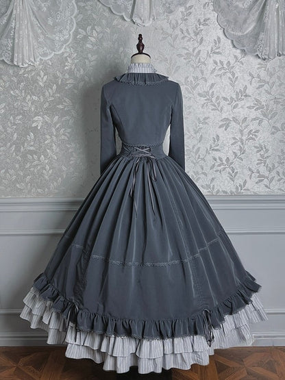 Lolita Blouse Badge Bolero Striped Classic + Gray Skirt Set Boned Hat Elegant Top Full