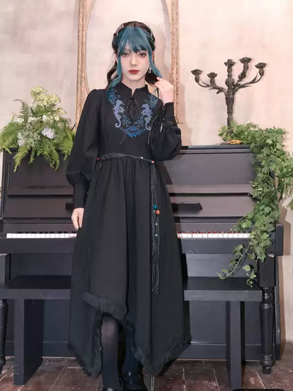Seahorse with Style Embroidery Black Cheongsam Dress Hem Detail at Lace-up Tassel Front Blue