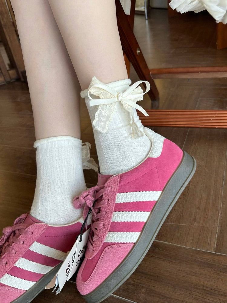 Ribbed Ankle Socks with Bowknot in Three Colors - Xi Shang Mei Shao