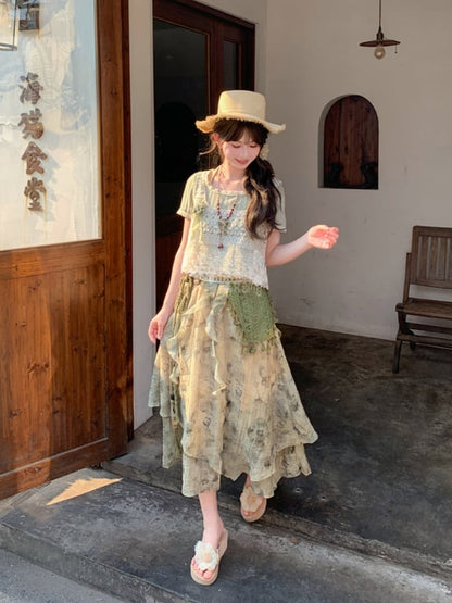 Grüne Krawatte von Mori Kei mit normaler/kurzer Strickhose mit abnehmbarer Version und weitem Bein