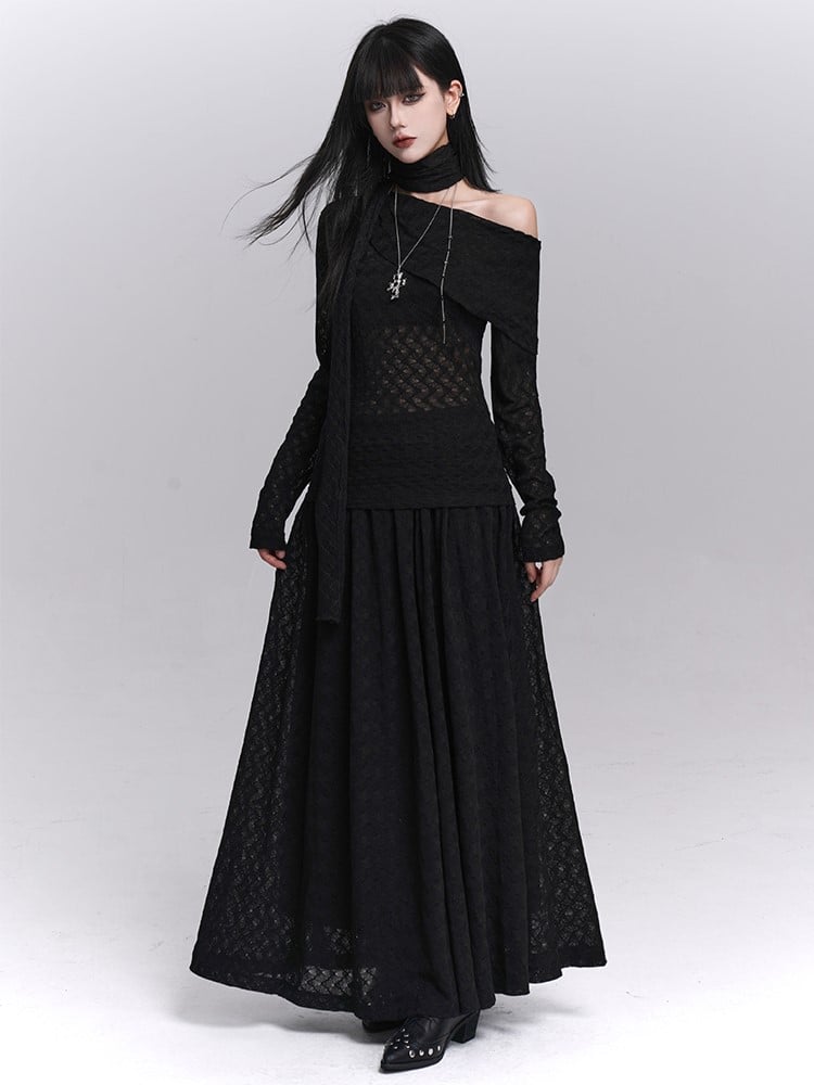 Skirt Waistband Lined Black Gothic Ankle-Length Elastic with