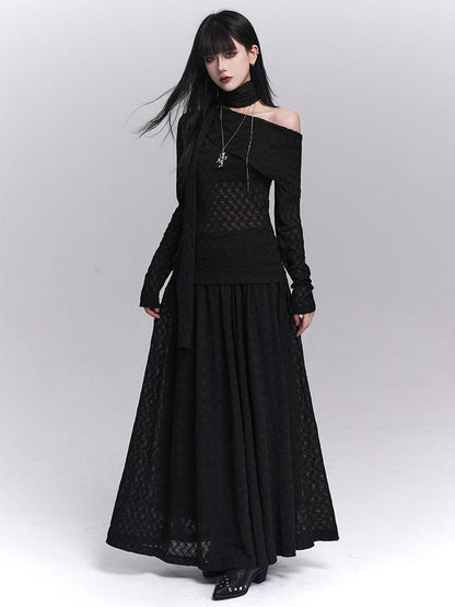 Strap Off-Shoulder Asymmetrical Black Matching Top with Gothic Neck