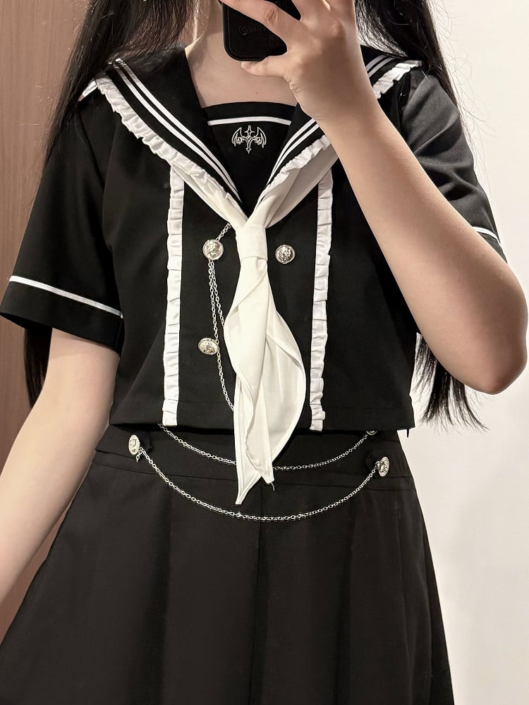 JK Uniform Short/Long Sleeves Black Sailor Collar Preppy Top Style