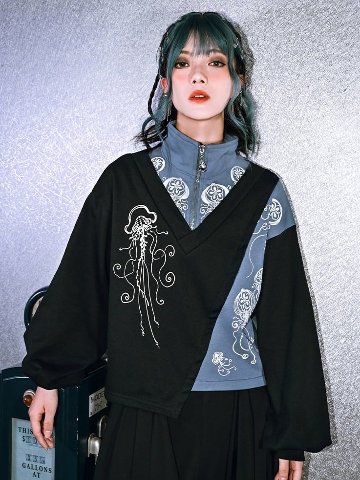Black & Blue Asymmetrical Stand Collar Dark Fashion Sweatshirt with Jellyfish Motif - Quirky Hut