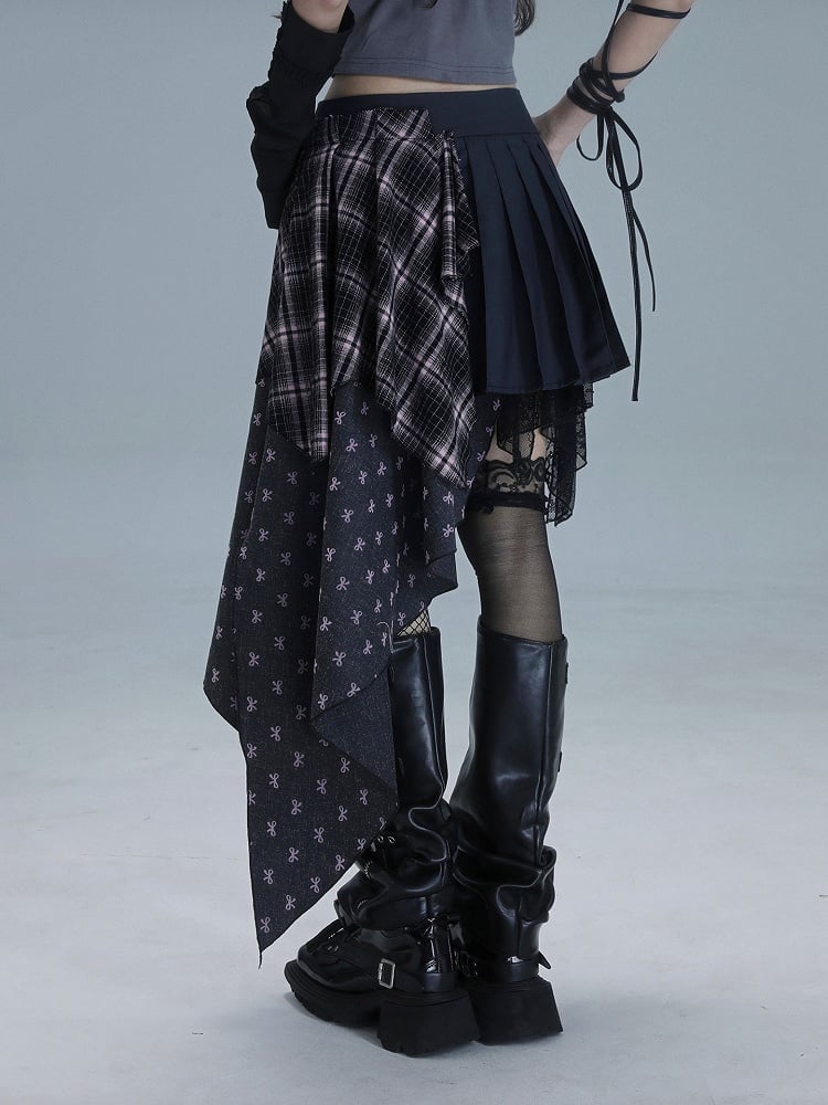 Gray Bow Pink Dark Plaid Asymmetrical Punk Pleated Skirt Print Panels with Patchwork