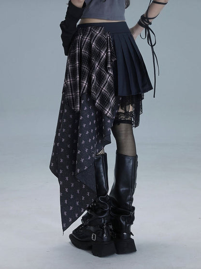 Gray Bow Pink Dark Plaid Asymmetrical Punk Pleated Skirt Print Panels with Patchwork