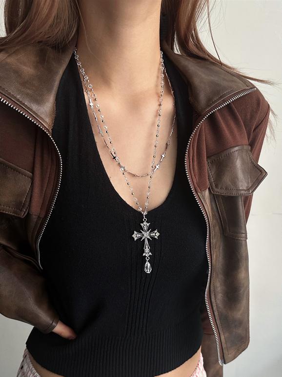 Silver With Pendant Necklace Gothic Cross Multi-Layered