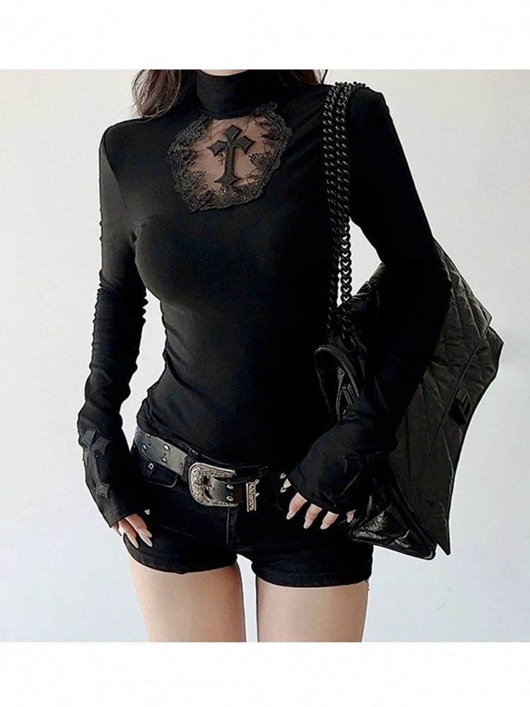 Top Cross Gothic Applique Long with Cutout Tulle Hexagon Halloween Charm Sleeve Black