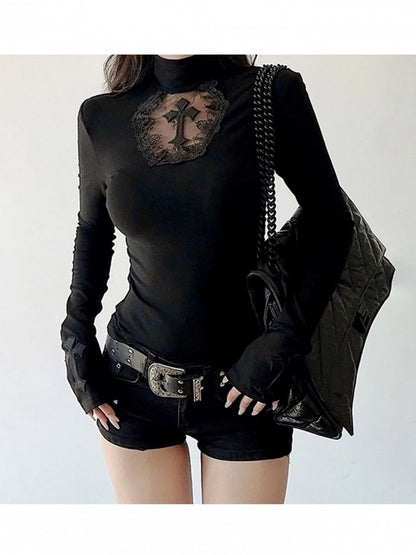 Top Cross Gothic Applique Long with Cutout Tulle Hexagon Halloween Charm Sleeve Black