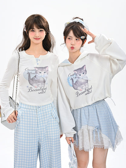 Adorable Cartoon Kitty Print Sweetheart Two-pieces Top Button Details White Faux