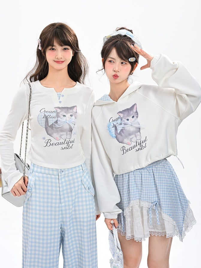 Print Drawstring Hem Blue Hoodie Plaid Adorable Cartoon Kitty Hood White