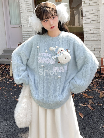 Cute Snowman Adorned Blue Mohair Soft Sweater