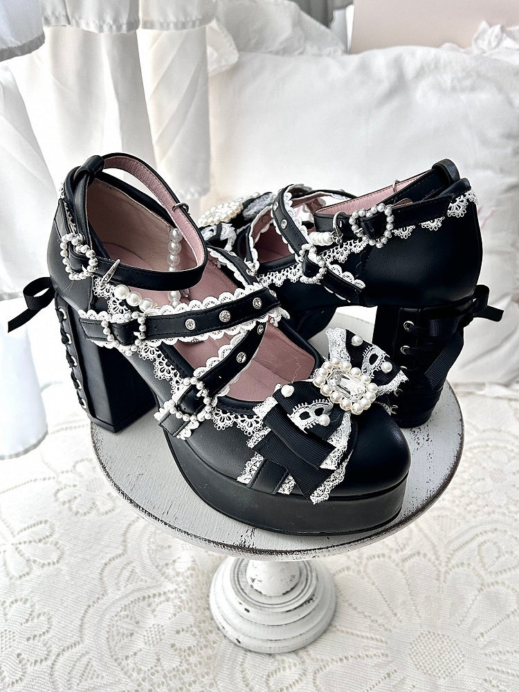 Black Platform Heels with Lace-Up Design - Sheep Puff