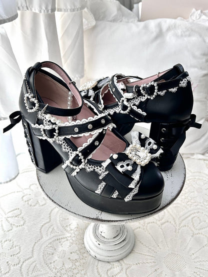 Black Platform Heels with Lace-Up Design - Sheep Puff