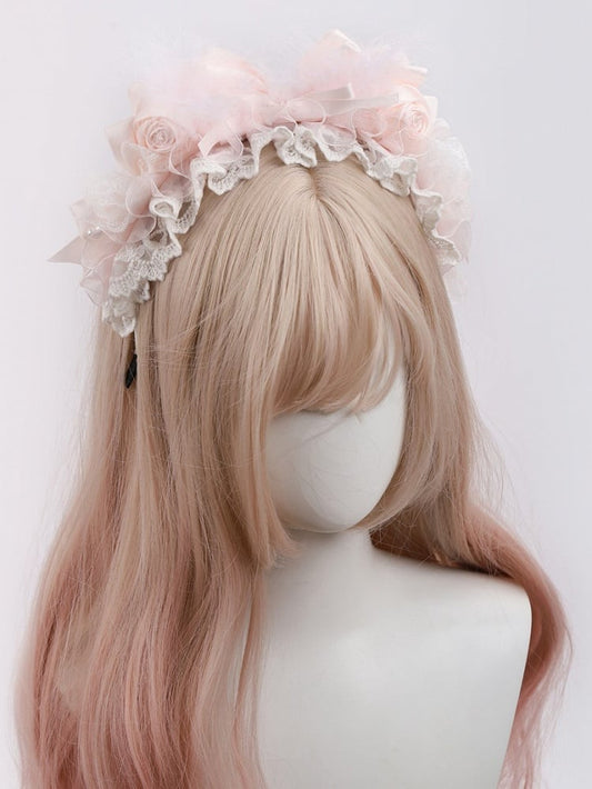 White Lace with Lolita Accents Feather Rose Sweet Pink and KC