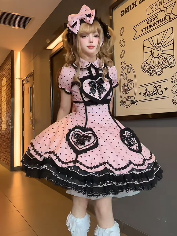Heart Black Sweet Dot Polka Sweetheart Bow with Dress Accents Applique Pink Lolita