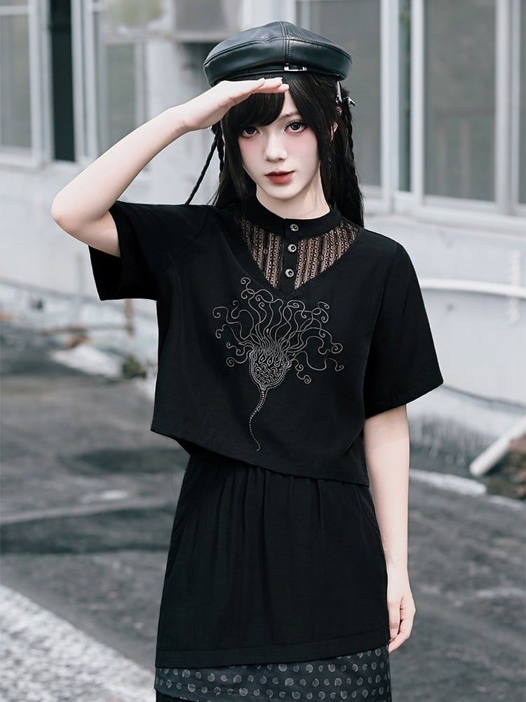 Dark Lace Patch Top with Sea Lily Stitching - Quirky Hut